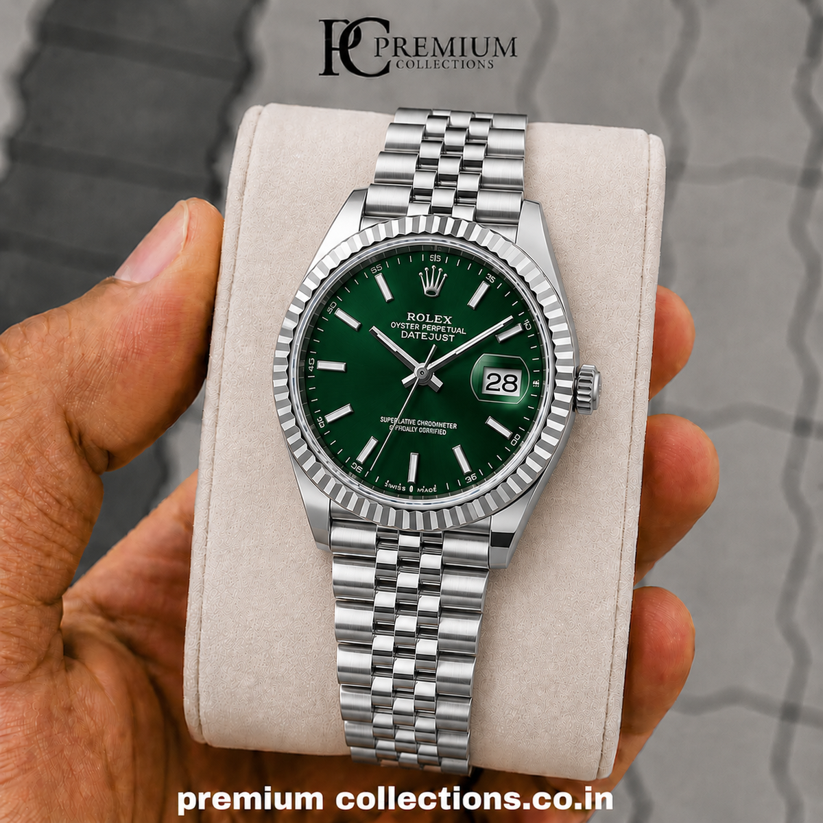 Role_x Date Just Silver/Green Watch
