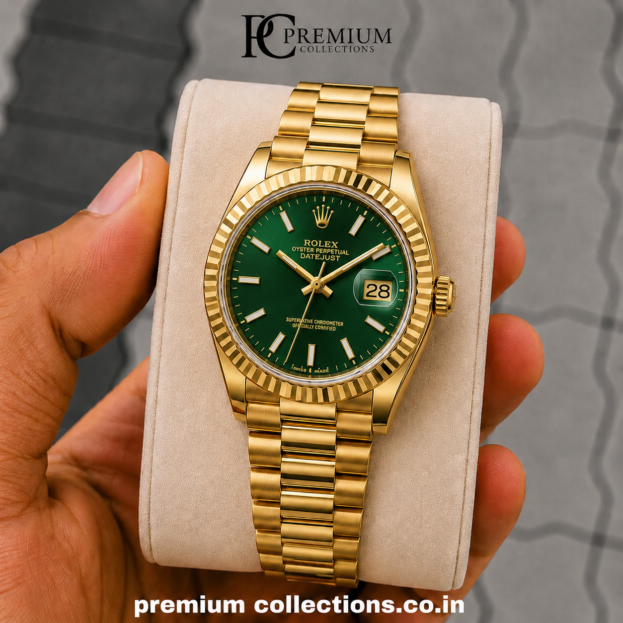 Role_x Date Just Gold/Green Watch