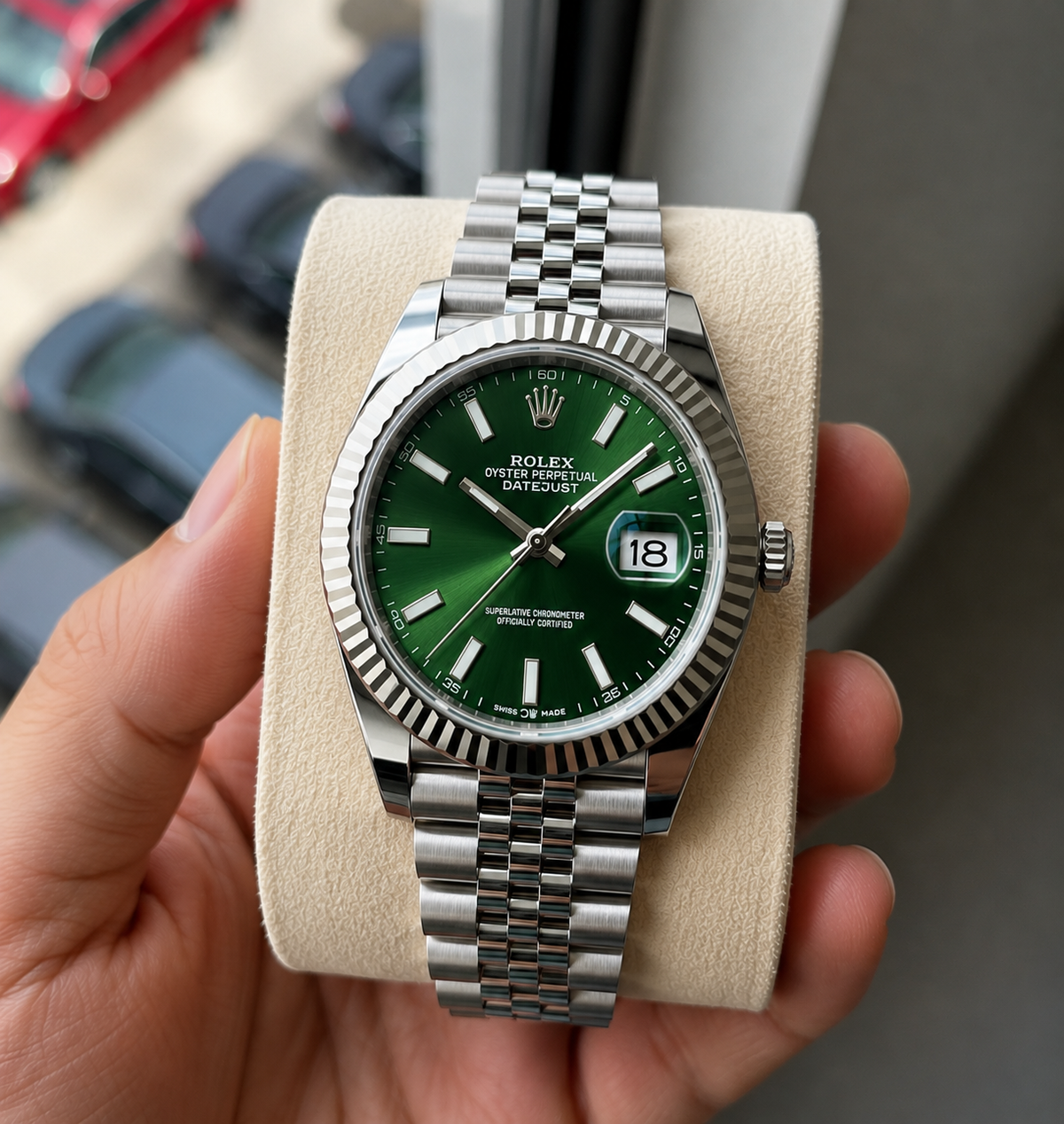 Role_x Date Just Silver/Green Watch