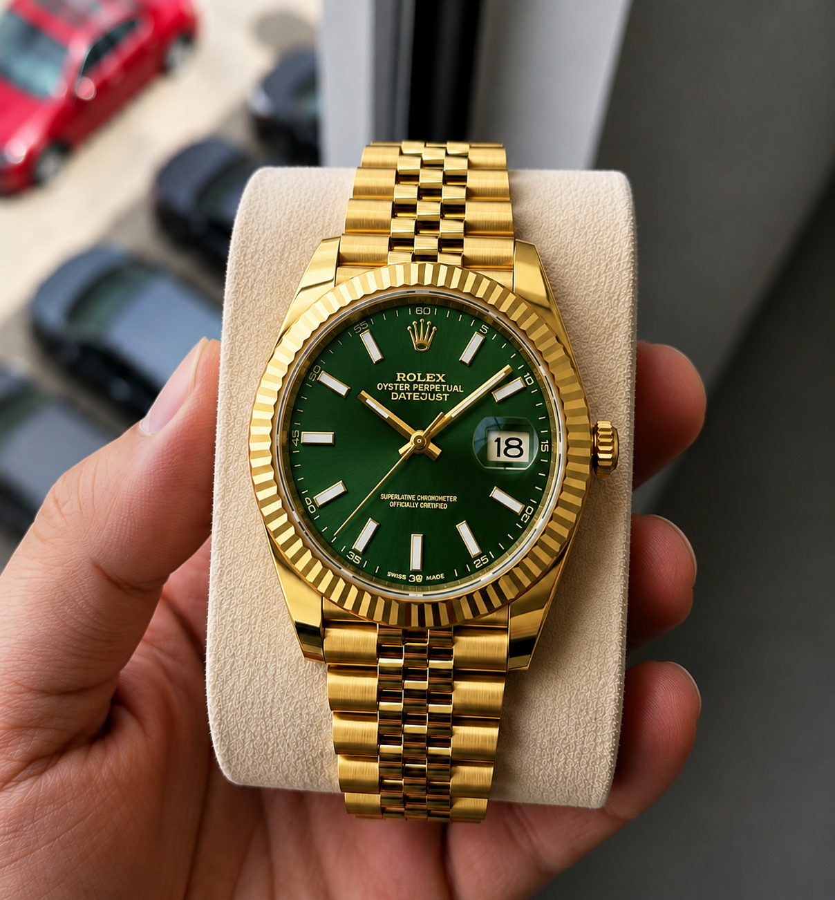 Role_x Date Just Gold/Green Watch