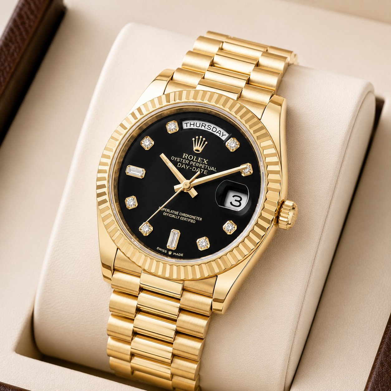 Role_x Day Date Gold/Black S-Diamond Watch